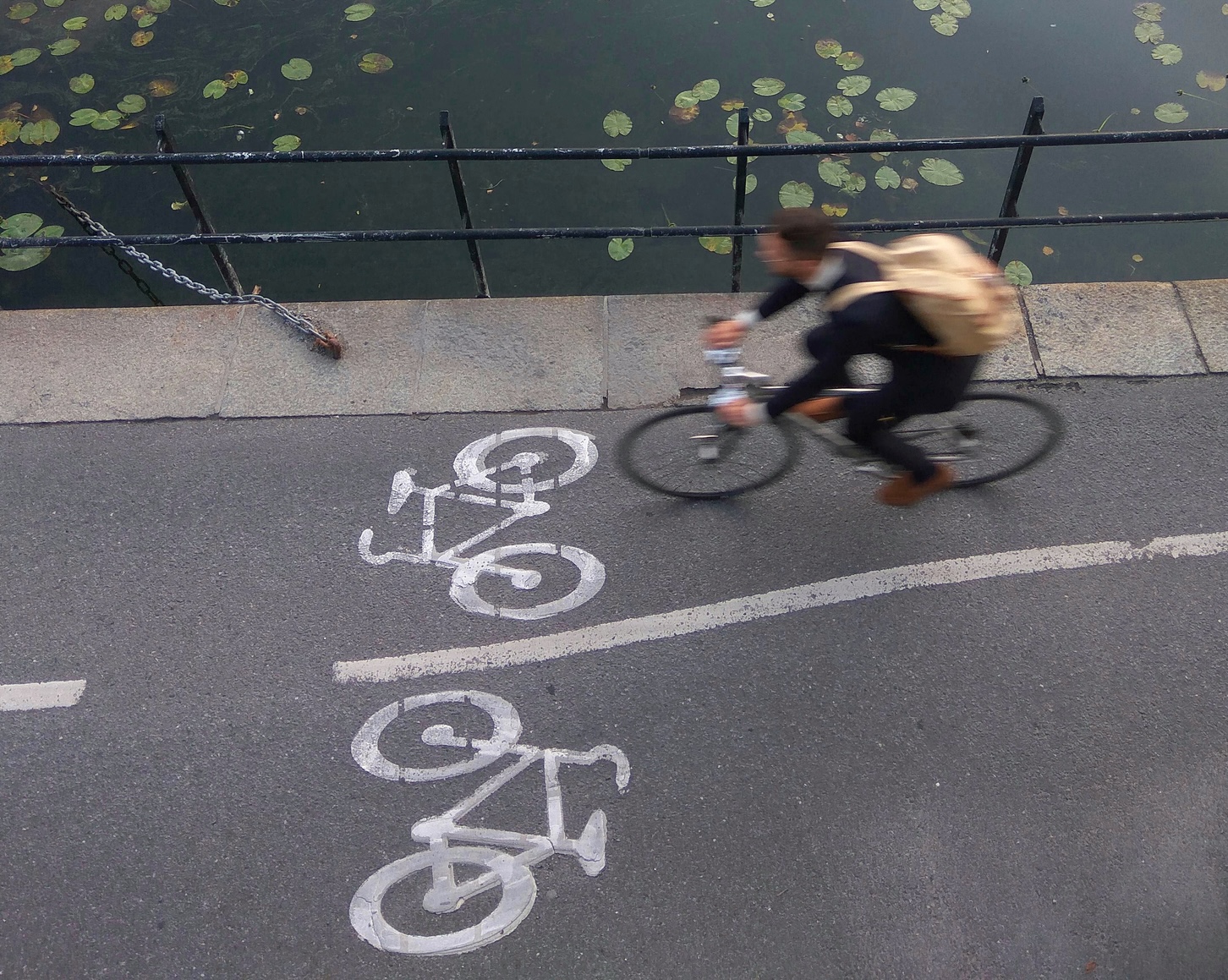 Man riding bicycle alongside the canal next to riddarholmen church in stockholm, sweden